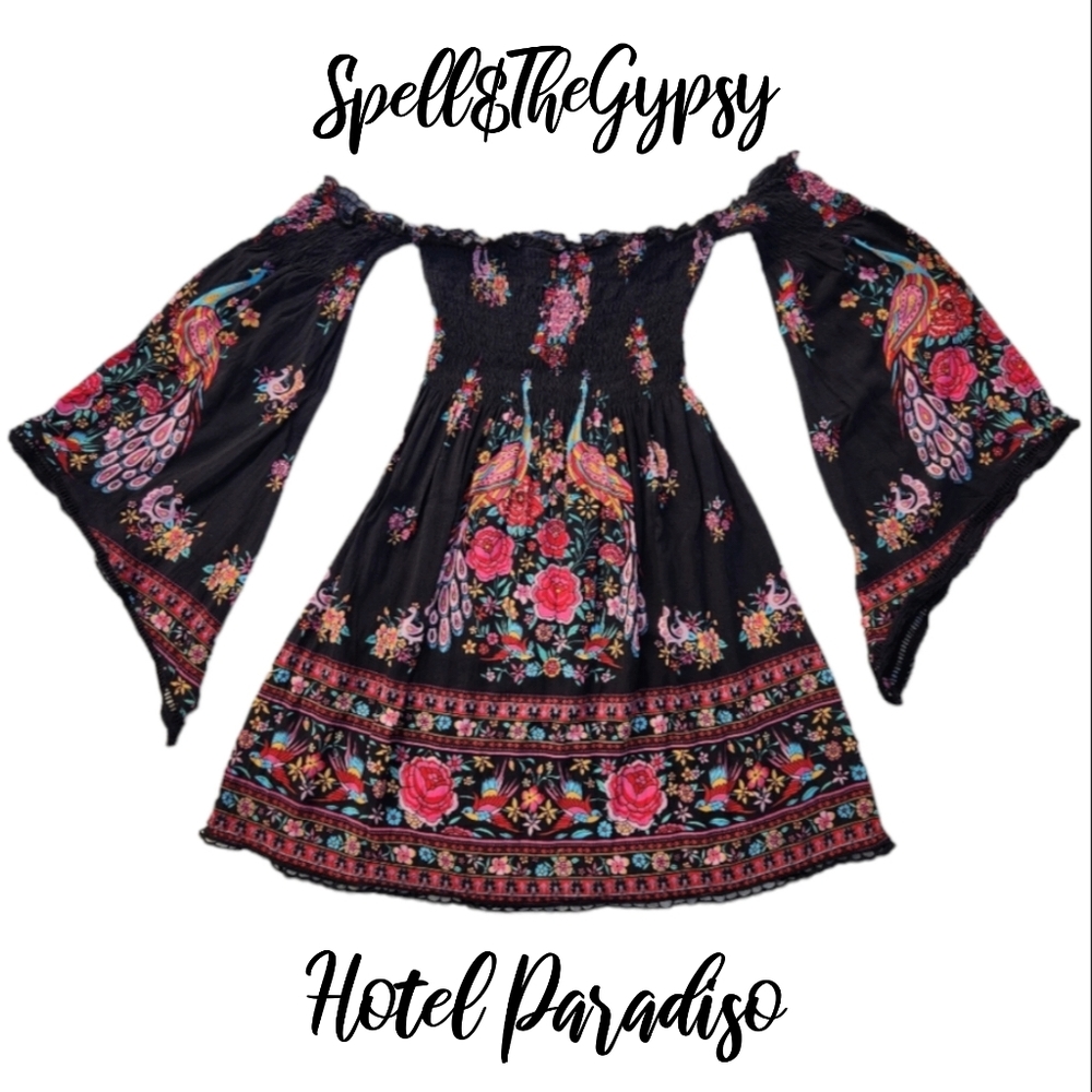 🦄 SPELL spell & the gypsy Hotel Paradiso bell sleeve mini jet print dress
